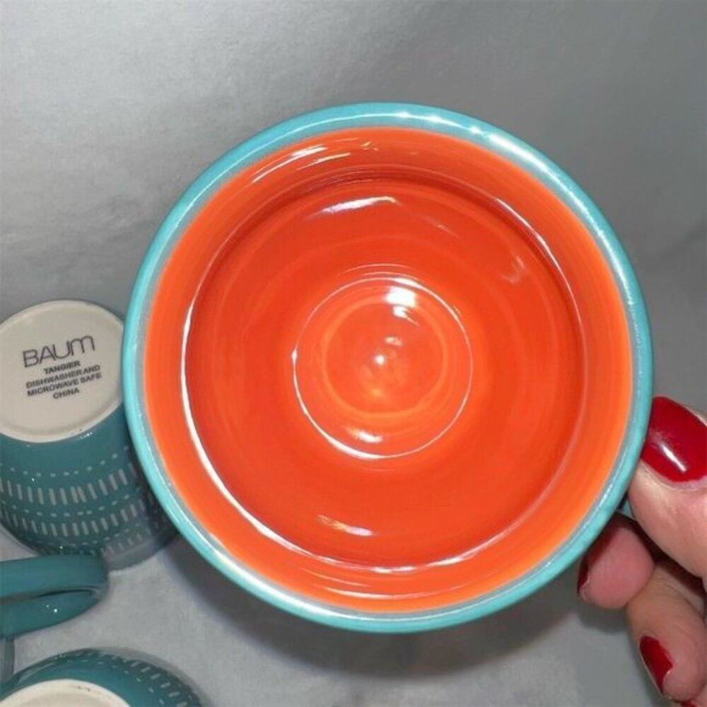 Baum Tangier Turquoise Teal Coffee Mugs Set of 4 Linear Dots Design - Picture 3 of 6